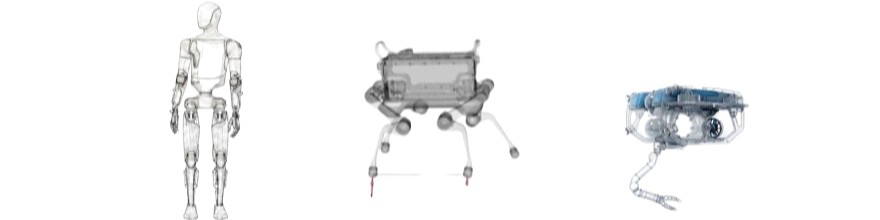 Robot lineup showing humanoid, legged, and underwater robotic systems